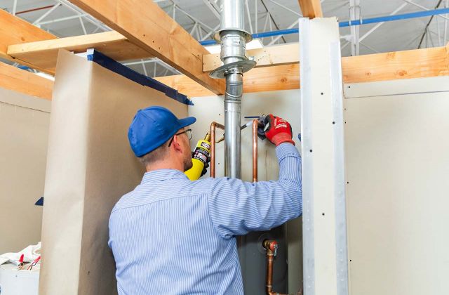 Plumber installing water heater