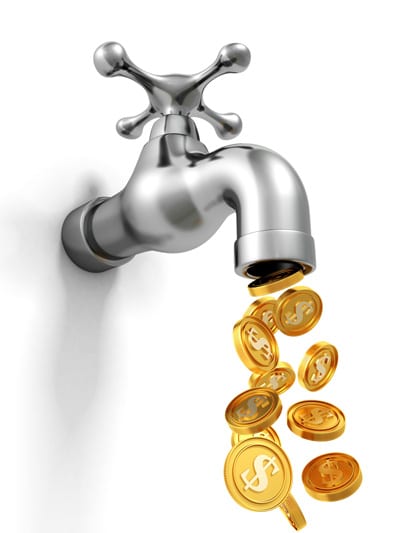 Leaky faucet repair. Showing coins running from tap
