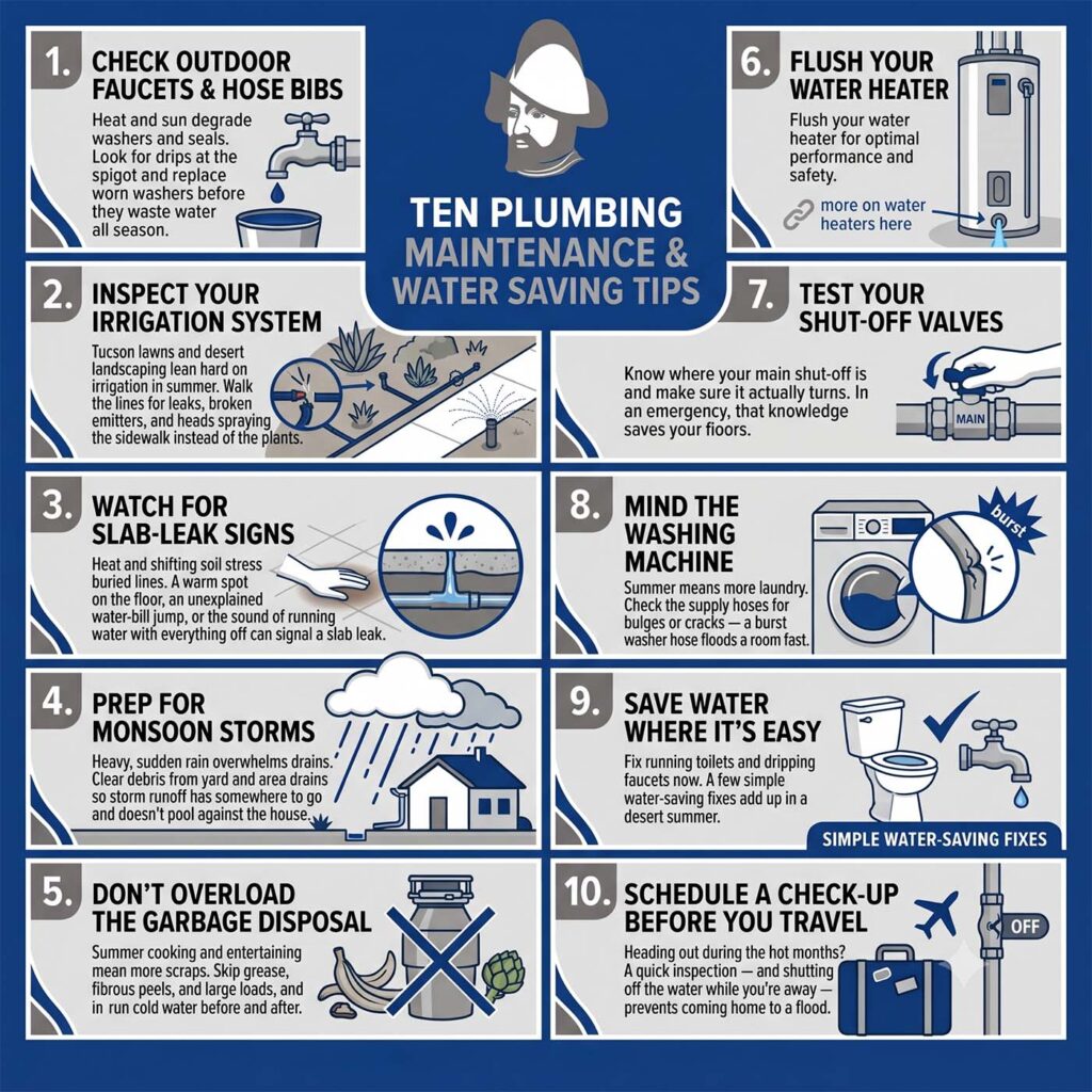 Infographic listing ten plumbing maintenance and water-saving tips including checking faucets, inspecting irrigation, watching for slab leaks, prepping for storms, and scheduling a pre-travel plumbing check-up.