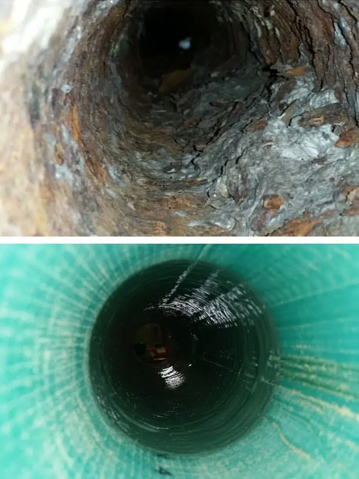 Before and after sewer pipe relining showing corroded pipe versus new lining